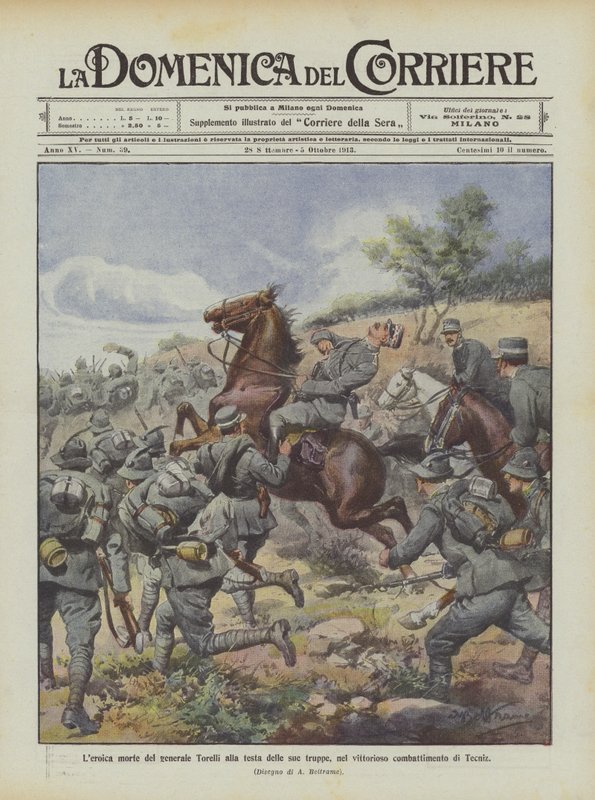 La heroica muerte del general Torelli al frente de sus tropas, en la victoriosa batalla de Tecniz de Achille Beltrame
