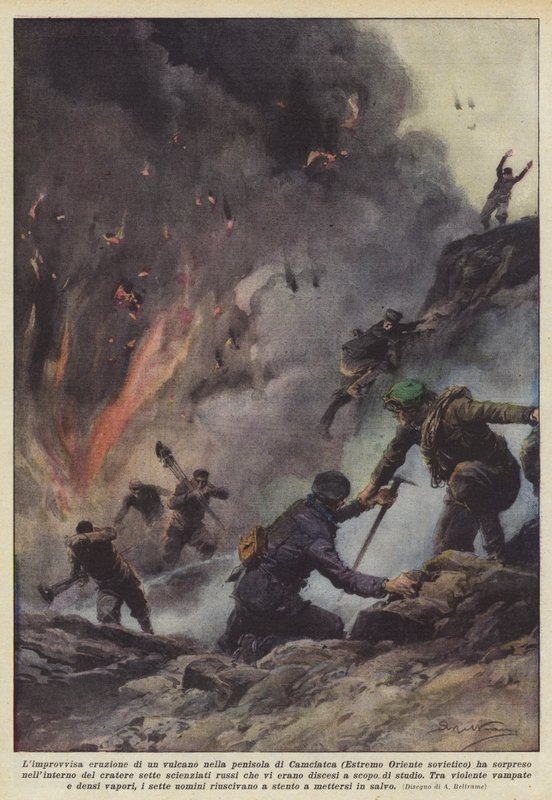 La repentina erupción de un volcán en la península de Kamchatka (Extremo Oriente soviético) de Achille Beltrame