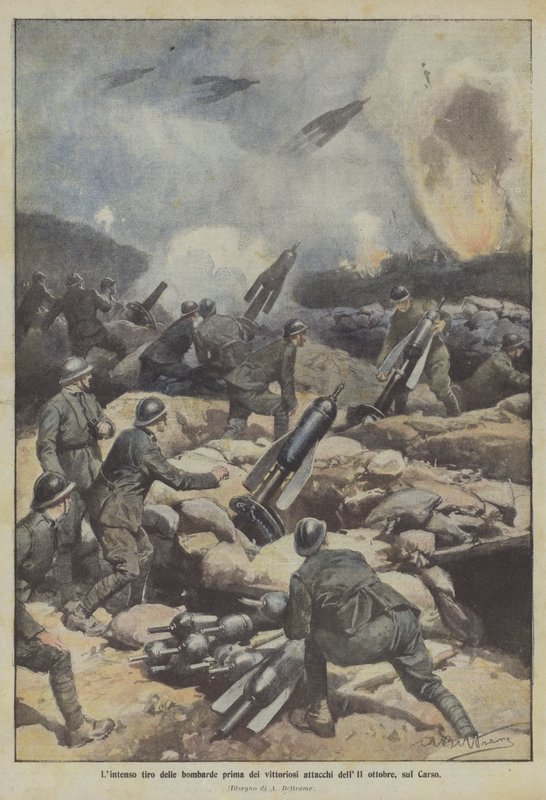 El intenso fuego de las bombardas antes de los victoriosos ataques del 11 de octubre, en el Carso de Achille Beltrame