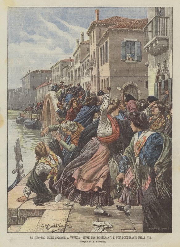 Huelga de cigarreras en Venecia, peleas entre huelguistas y no huelguistas en las calles de Achille Beltrame
