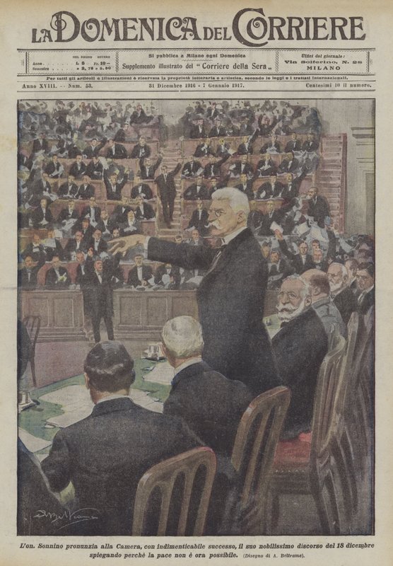 Sonnino pronuncia en la Cámara, con éxito inolvidable, su noble discurso de Achille Beltrame