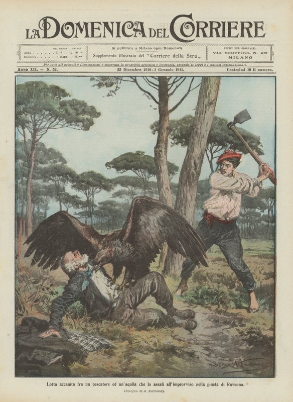 Lucha encarnizada entre un pescador y un águila que lo ataca repentinamente en el pinar de Rávena de Achille Beltrame
