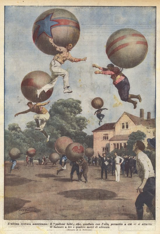 El último invento americano, el globo bebé que, inflado con helio, permite a quien se adhiere de Achille Beltrame