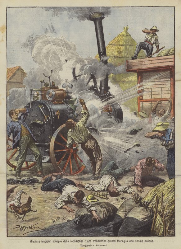 Cosecha trágica, explosión de la locomóvil de una trilladora cerca de Marsella con víctimas italianas de Achille Beltrame