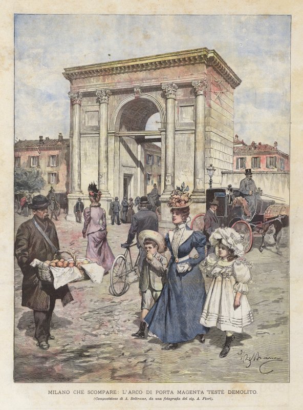 Milán que desaparece, el arco de Porta Magenta recién demolido de Achille Beltrame