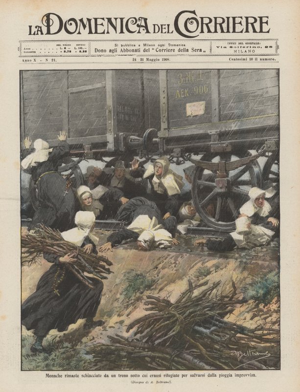 Monjas aplastadas por un tren bajo el cual se refugiaron para salvarse de la lluvia repentina de Achille Beltrame