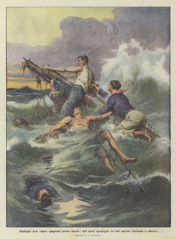 Naufragio de un vapor español cerca de Oporto, de toda la tripulación solo tres marineros lograron salvarse de Achille Beltrame