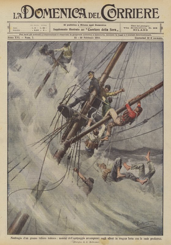 Naufragio de un gran velero alemán, hombres de la tripulación trepados a los mástiles en trágica situación de Achille Beltrame