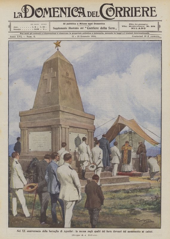 En el XX aniversario de la batalla de Agordat, la misa en los baluartes del fuerte frente al monumento a los caídos de Achille Beltrame