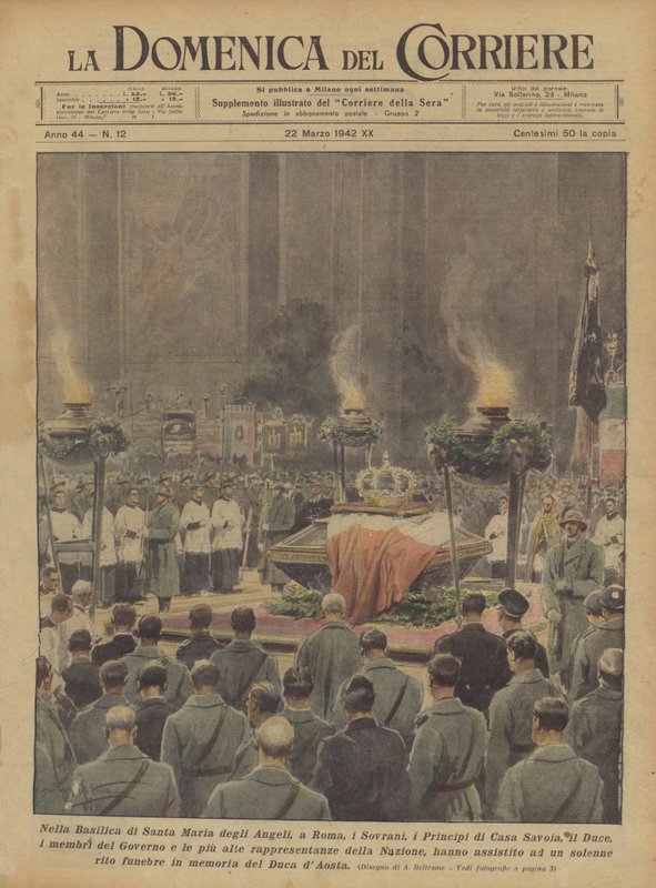 En la Basílica de Santa María de los Ángeles, en Roma, los soberanos, los príncipes de la Casa de Saboya, el Duce... de Achille Beltrame