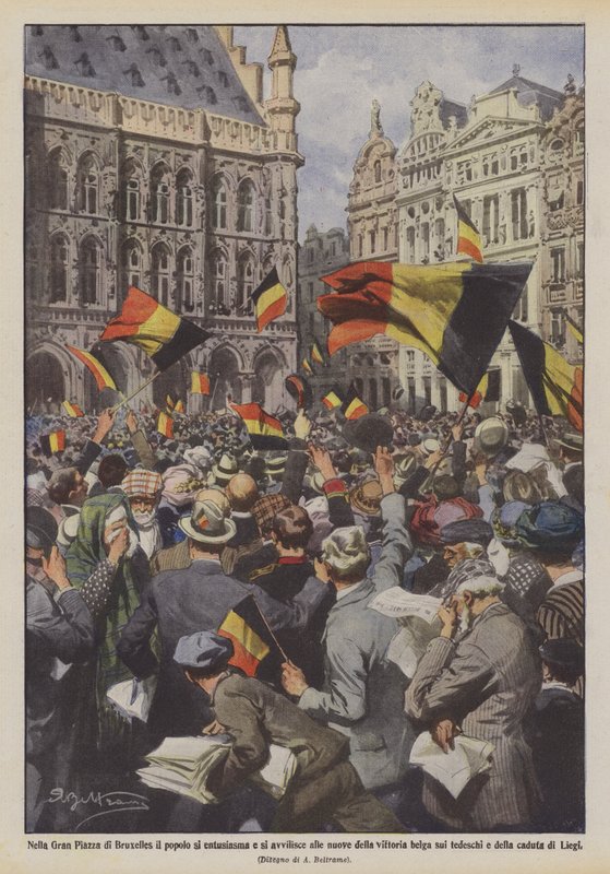 En la Gran Plaza de Bruselas el pueblo se entusiasma y se desanima con las noticias de la victoria belga sobre los alemanes y la caída de Lieja de Achille Beltrame