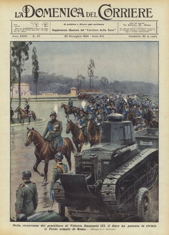 En la conmemoración del cumpleaños de Vittorio Emanuele III, el Duce ha pasado revista a las Fuerzas Armadas de Roma de Achille Beltrame