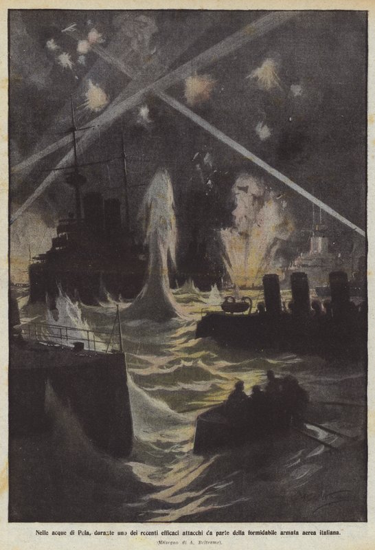 En las aguas de Pula, durante uno de los recientes y eficaces ataques de la formidable armada aérea italiana de Achille Beltrame