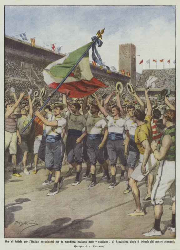Horas de alegría para Italia, entusiasmo por la bandera italiana en el estadio de Estocolmo después de Achille Beltrame