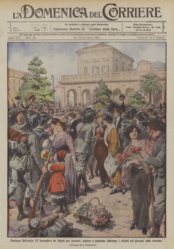 Partida del heroico 2º bersaglieri de Nápoles a Ancona, señoras y mujeres del pueblo adornan a los soldados de Achille Beltrame