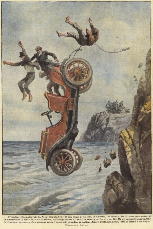 Personas cayendo mientras su coche deja un camino costero de Achille Beltrame