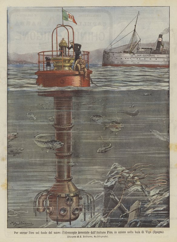 Para buscar oro en el fondo del mar, el hidroscopio inventado por el italiano Pino, en acción de Achille Beltrame