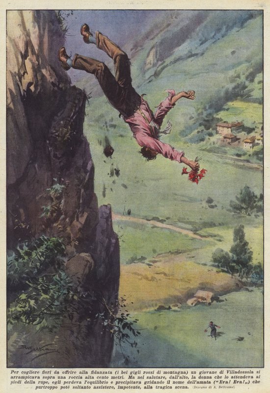 Para recoger flores para ofrecer a la novia (los hermosos lirios rojos de la montaña) un joven de Achille Beltrame