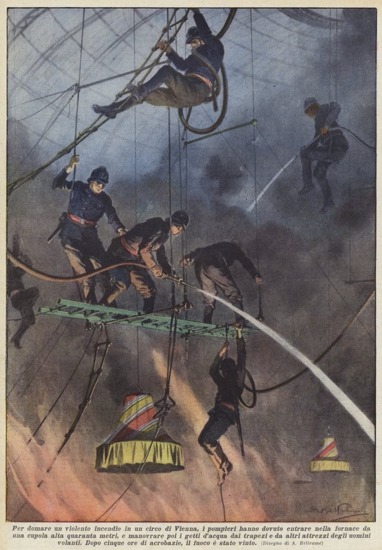 Para dominar un violento incendio en un circo de Viena, los bomberos tuvieron que entrar en la carpa de Achille Beltrame
