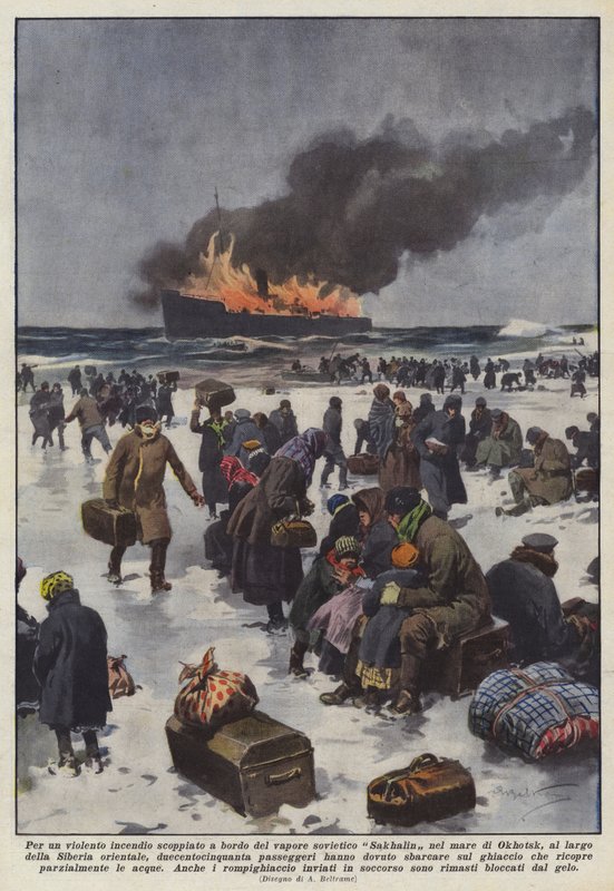 Por un violento incendio a bordo del vapor soviético Sakhalin en el mar de Okhotsk de Achille Beltrame
