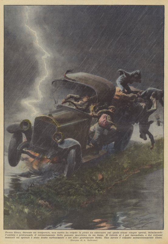 Cerca de Siena, durante una tormenta, un rayo golpeó de lleno un camión en el que estaban... de Achille Beltrame
