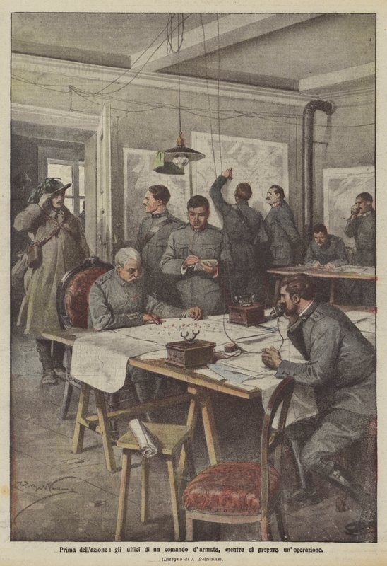 Antes de la acción, las oficinas de un comando de ejército, mientras se prepara una operación de Achille Beltrame