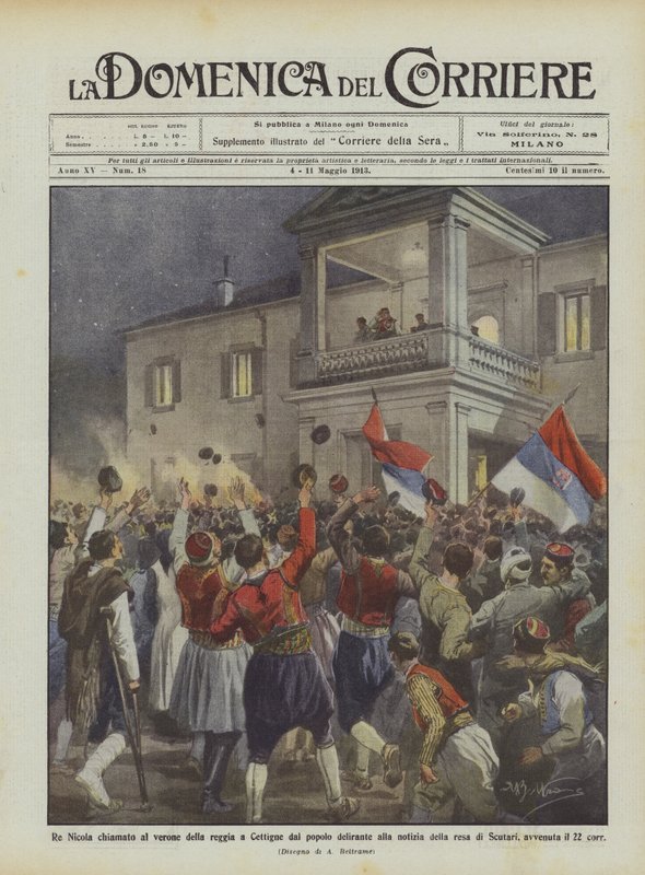 Rey Nicolás llamado al balcón del palacio en Cettigne por el pueblo delirante ante la noticia de la rendición de Achille Beltrame