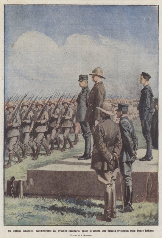 El Rey Vittorio Emanuele, acompañado por el Príncipe Heredero, pasa revista a una Brigada ? de Achille Beltrame