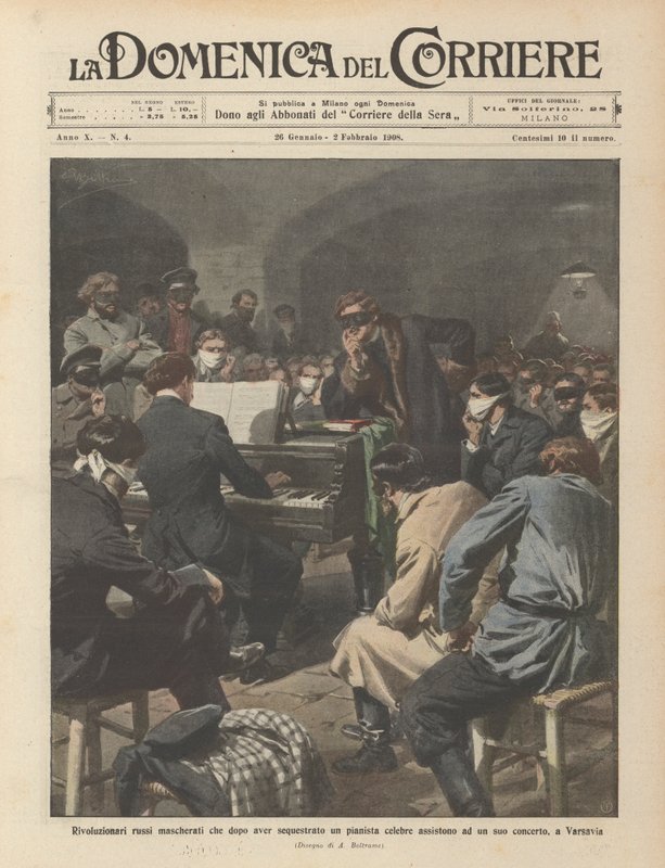 Revolucionarios rusos enmascarados que, tras secuestrar a un célebre pianista, asisten a su concierto de Achille Beltrame