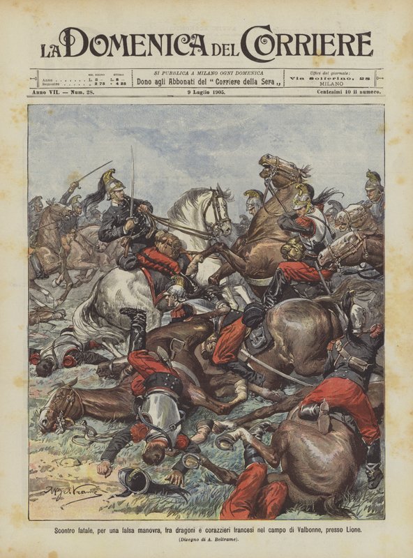 Choque fatal, por una maniobra equivocada, entre dragones y coraceros franceses en el campo de Valbonne, cerca de Lyon de Achille Beltrame