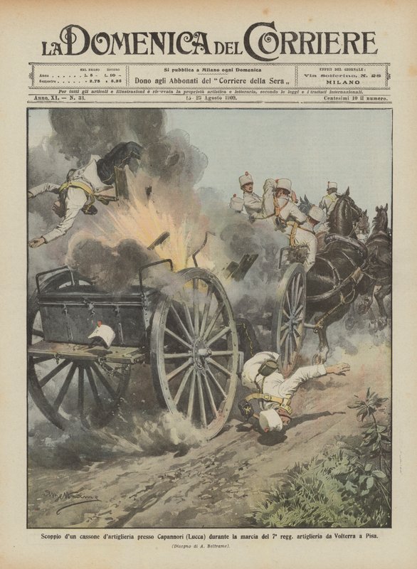 Explosión de un cajón de artillería cerca de Capannori (Lucca) durante la marcha del 7º regimiento de Achille Beltrame
