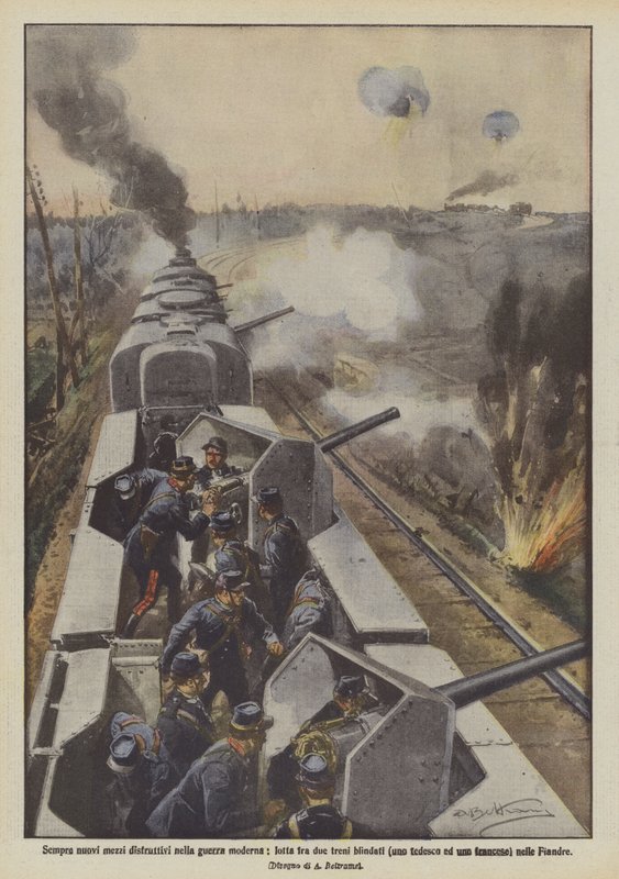 Siempre nuevos medios destructivos en la guerra moderna, lucha entre dos trenes blindados (uno alemán y uno francés) en Flandes de Achille Beltrame