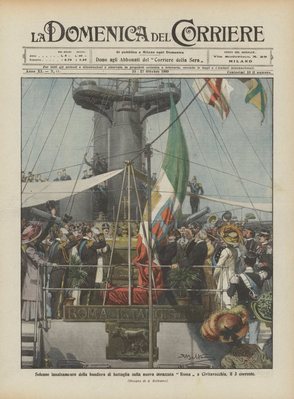 Solemne izado de la bandera de batalla en el nuevo acorazado Roma en Civitavecchia, el 3 de este mes de Achille Beltrame