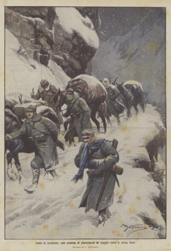 Bajo la tormenta, una columna de suministros en viaje hacia las primeras líneas de Achille Beltrame