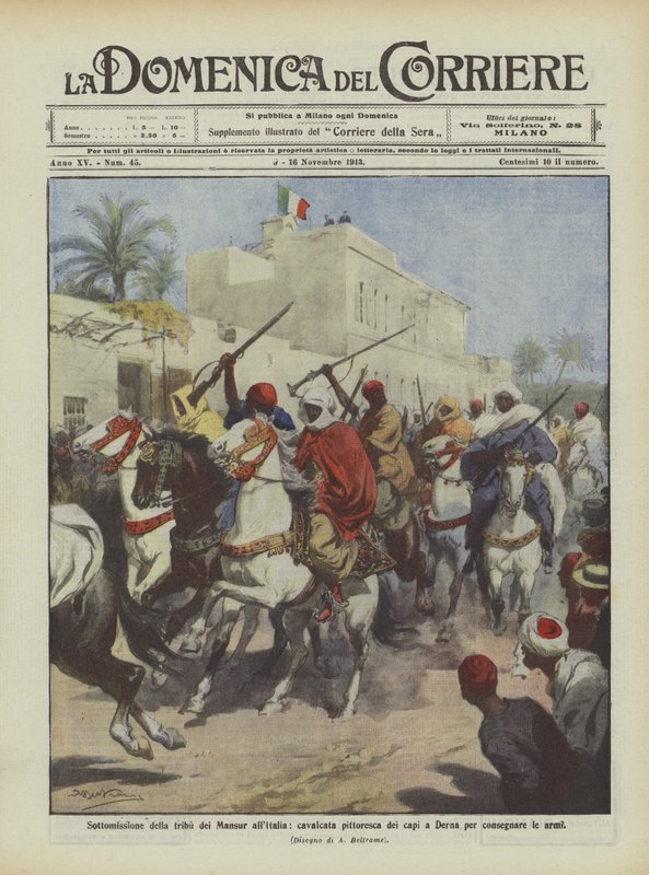 Sumisión de la tribu de los Mansur a Italia, pintoresca cabalgata de los jefes en Derna para entregar las armas de Achille Beltrame