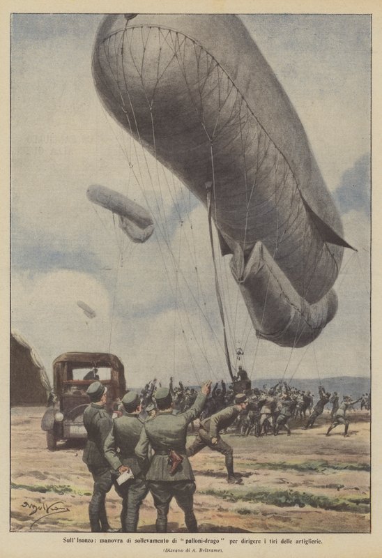 En el Isonzo, maniobra de elevación de globos-dragón para dirigir los disparos de la artillería de Achille Beltrame