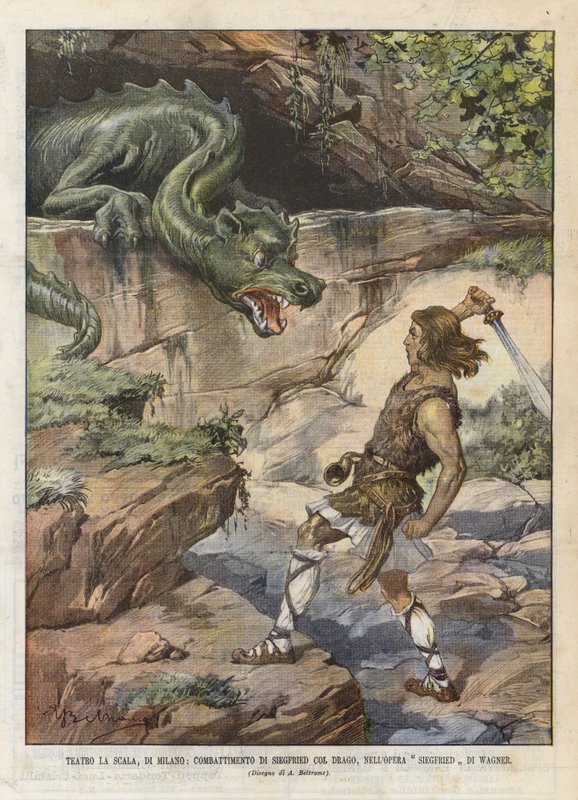 Teatro La Scala, de Milán, combate de Siegfried con el dragón, en la ópera Siegfried de Wagner de Achille Beltrame