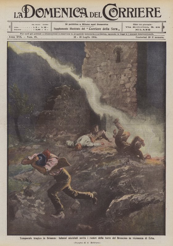 Tormenta trágica en Brianza, rayos mortales sobre las ruinas de la torre del Broncino cerca de Erba de Achille Beltrame