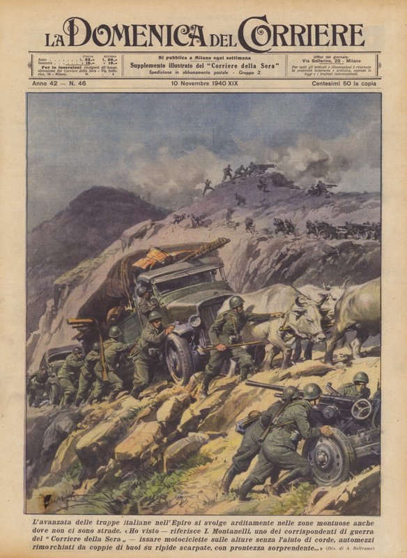 El avance de las tropas italianas en el Epiro se produce audazmente en zonas montañosas, incluso donde no hay carreteras (litografía en color) de Achille Beltrame
