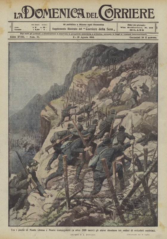 Entre los picos de Monte Chiesa y Monte Campigoletti (a más de 2000 metros) los alpinos rompen tres líneas de Achille Beltrame