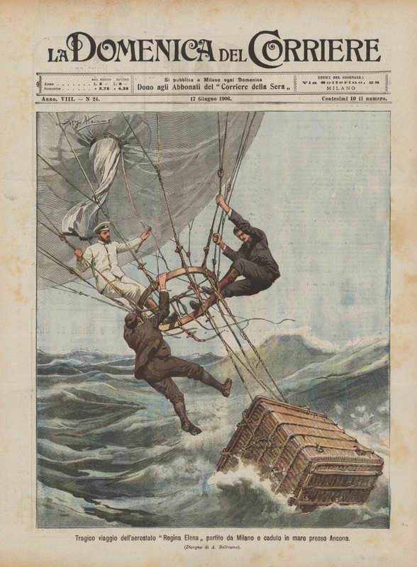 Trágico viaje del aerostato Regina Elena partiendo de Milán y cayendo al mar cerca de Ancona de Achille Beltrame