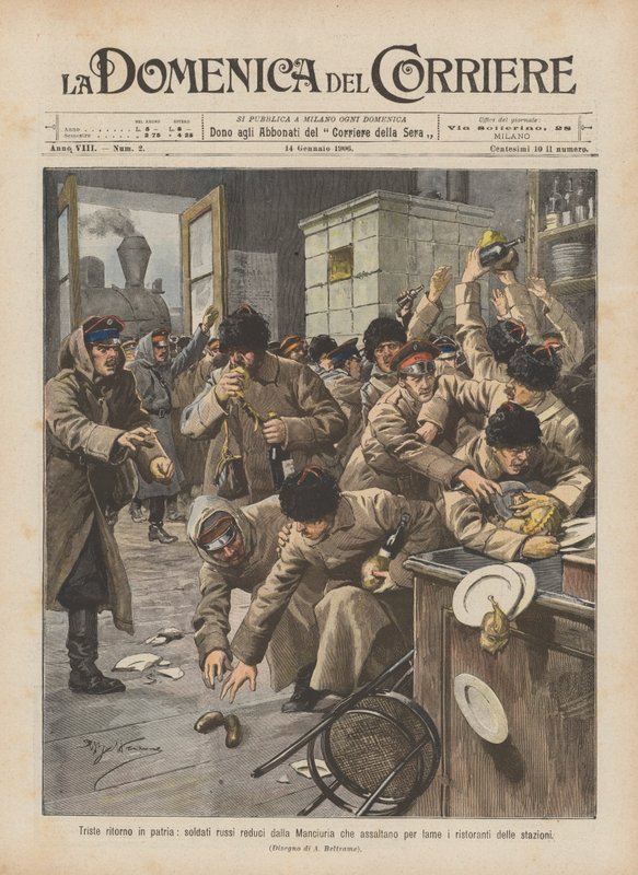 Triste regreso a casa, soldados rusos que regresan de Manchuria asaltan restaurantes en las estaciones por hambre de Achille Beltrame