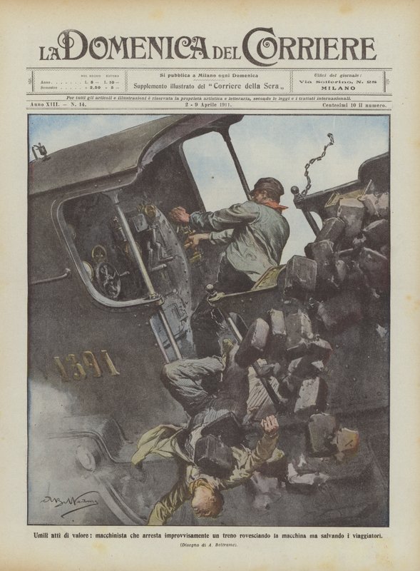 Humildes actos de valor, maquinista que detiene repentinamente un tren volcando la máquina de Achille Beltrame