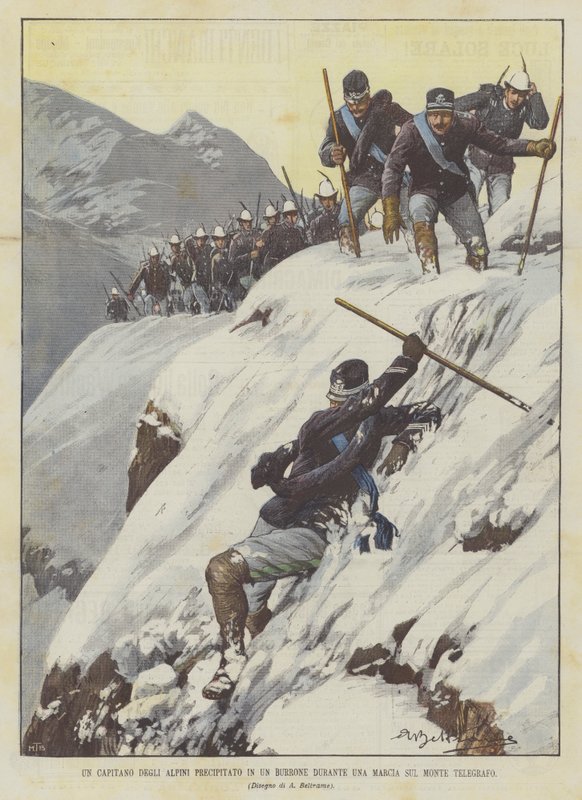 Un capitán de los Alpinos precipitado en un barranco durante una marcha en el Monte Telégrafo de Achille Beltrame