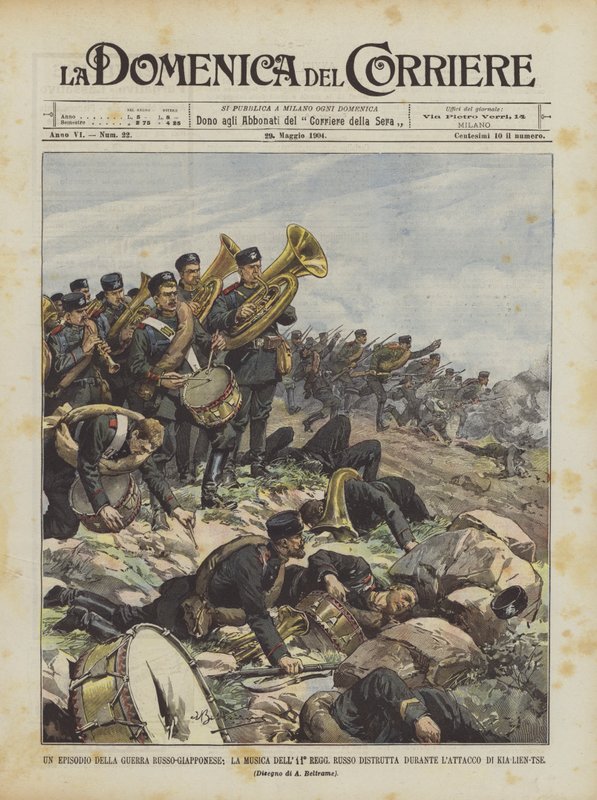 Un episodio de la guerra ruso-japonesa, la música del 11º regimiento ruso destruida durante ? de Achille Beltrame