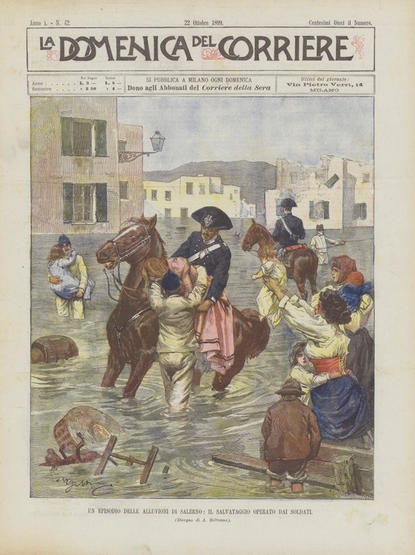 Un episodio de las inundaciones de Salerno, el rescate realizado por los soldados de Achille Beltrame