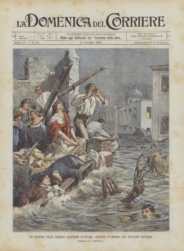 Un episodio de las terribles inundaciones en Sicilia, habitantes de Modica que piden ayuda de Achille Beltrame