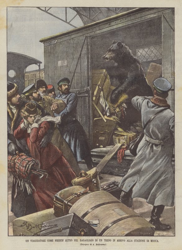 Un viajero en el maletero de un tren llegando a la estación de Moscú de Achille Beltrame