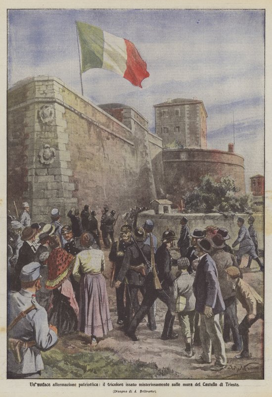 Una audaz afirmación patriótica, el tricolor izado misteriosamente en las murallas del Castillo de Trieste de Achille Beltrame