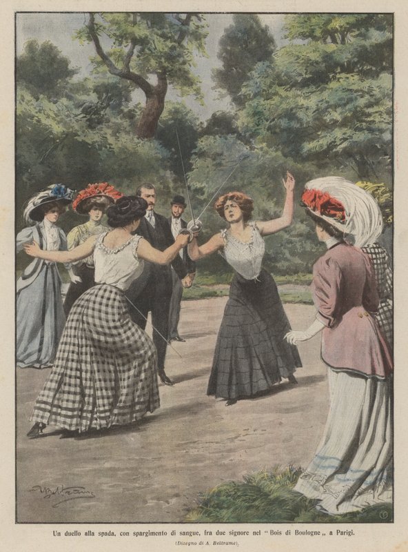 Un duelo a espada, con derramamiento de sangre, entre dos damas en el Bois de Boulogne en París de Achille Beltrame